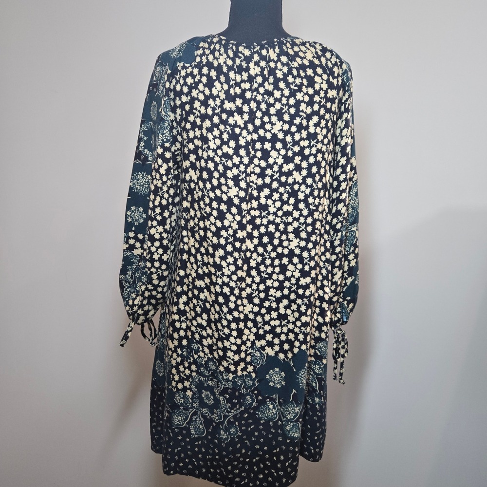 Lovestitch Floral Shift Dress Womens Small Navy Blue‎ Boho Tie Sleeve (D9)